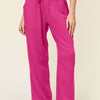 Texture Drawstring Straight Pants | Full Size - Hot Pink