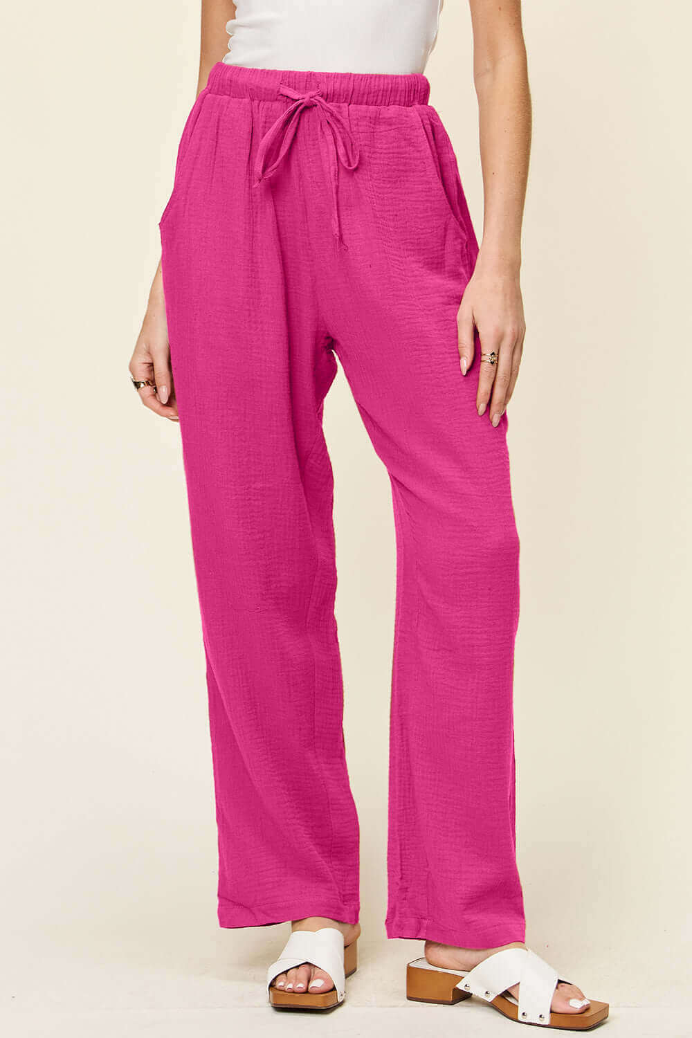 DOUBLE TAKE Full Size Texture Drawstring Straight Pants at Bella Road