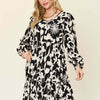 Printed Ruffle Hem Long Sleeve Dress | Full Size - Black