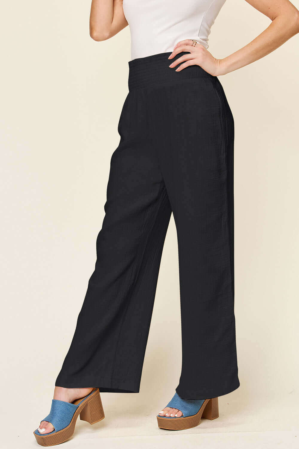 DOUBLE TAKE Full Size Texture Smocked Waist Wide Leg Pants at Bella Road