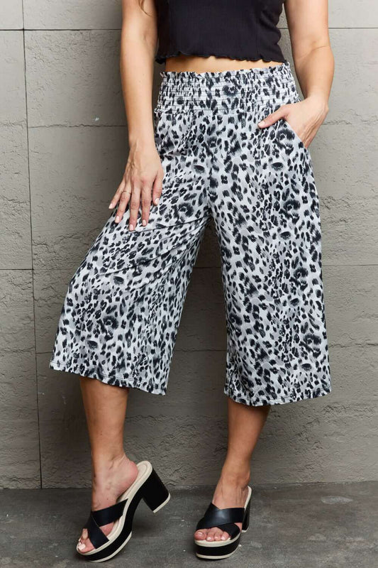 NINEXIS Leopard High Waist Flowy Wide Leg Pants with Pockets at Bella Road