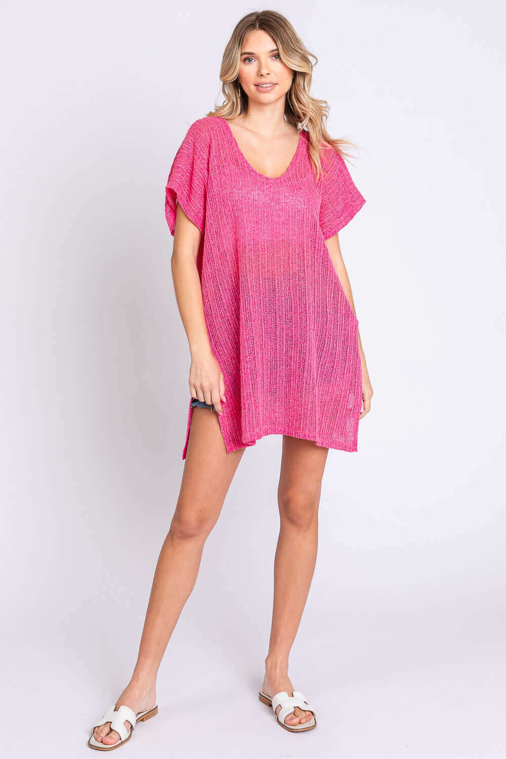 GEEGEE Short Sleeve Side Slit Knit Cover Up Dress at Bella Road