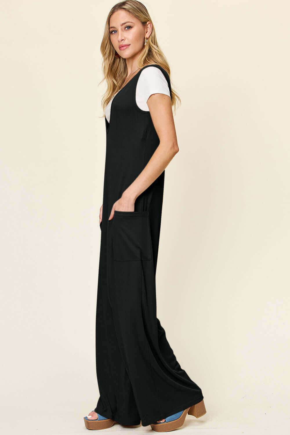 DOUBLE TAKE Full Size Sleeveless Wide Leg Jumpsuit with Pockets at Bella Road