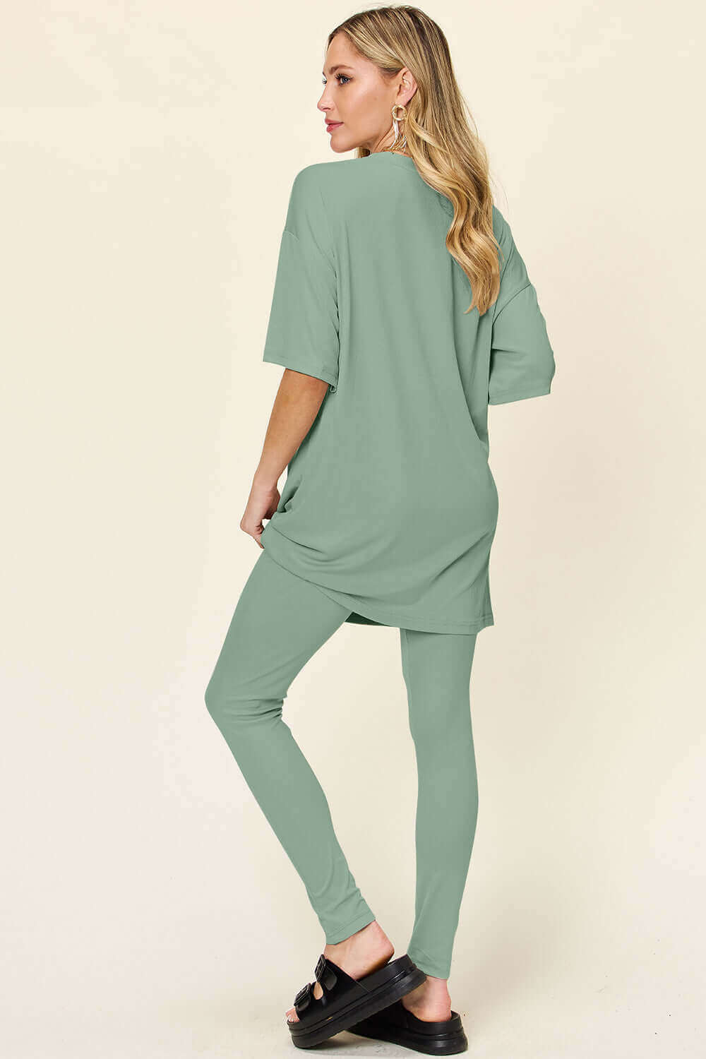 DOUBLE TAKE Full Size Round Neck Dropped Shoulder T-Shirt and Leggings Set at Bella Road