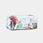 Nicole Lee USA printed pouch with colorful scenic design, featuring pebbled and glossy patent leather exterior.