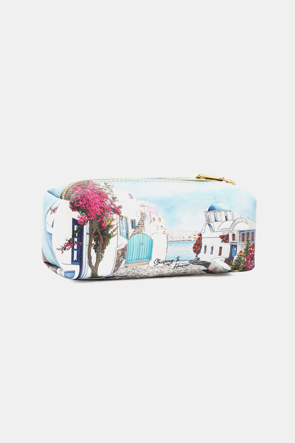 Nicole Lee USA printed pouch with colorful scenic design, featuring pebbled and glossy patent leather exterior.