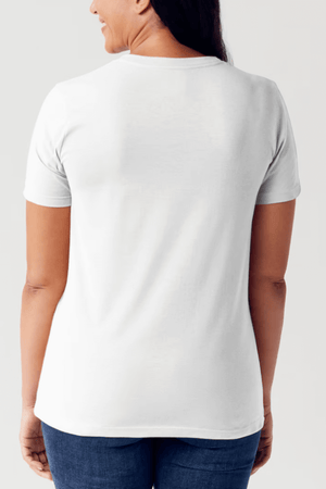 Back view of model wearing Simply Love Full Size LONG LIVE COWGIRLS Short Sleeve Tubular T-Shirt in white.