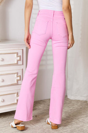 High Rise Bootcut Jeans in pink, featuring a flattering high-waist design and elegant bootcut style, perfect for versatile wardrobe options.