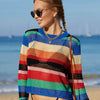 Rainbow Stripe Openwork Long Sleeve Cover-Up - Roral Blue