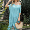 Eyelet Fringe Hem Longline Knit Cover Up - Pastel  Blue