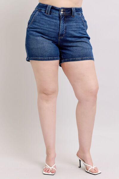 Judy Blue plus size denim shorts with double button waistband, perfect for stylish and comfortable summer looks.