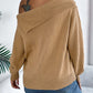 Woman wearing Bella Road Cable-Knit One Shoulder Long Sleeve Sweater in beige, showing back view with stylish off-shoulder design.