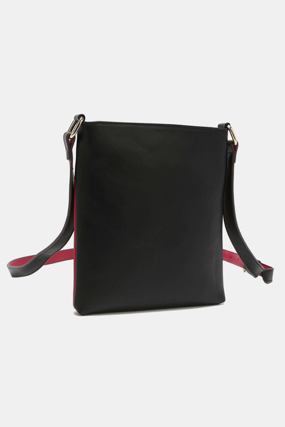 Black Nicole Lee USA Nikky Crossbody Bag made of eco-leather with red accents, featuring a slim design for carrying essentials securely.