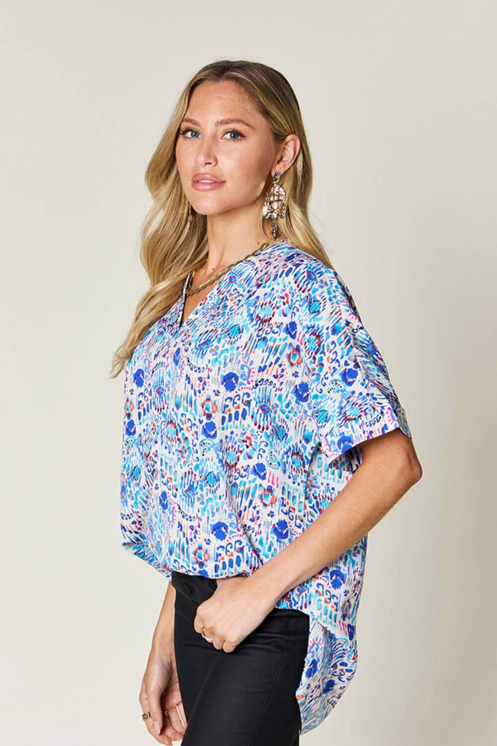 DOUBLE TAKE Full Size Printed V-Neck Short Sleeve Blouse at Bella Road