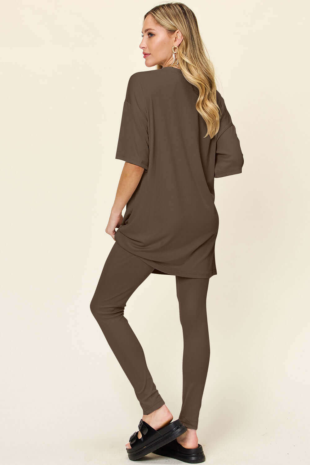 DOUBLE TAKE Full Size Round Neck Dropped Shoulder T-Shirt and Leggings Set at Bella Road