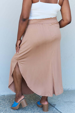 DOUBLJU Comfort Princess Full Size High Waist Scoop Hem Maxi Skirt in Tan at Bella Road