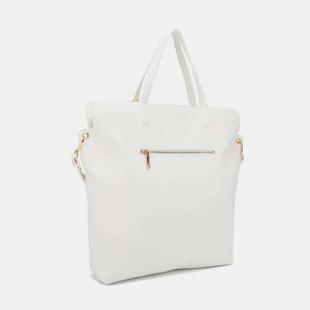 Nicole Lee USA studded large tote bag in white vegan leather with dual top handles, gold zipper detail, and optional shoulder strap.