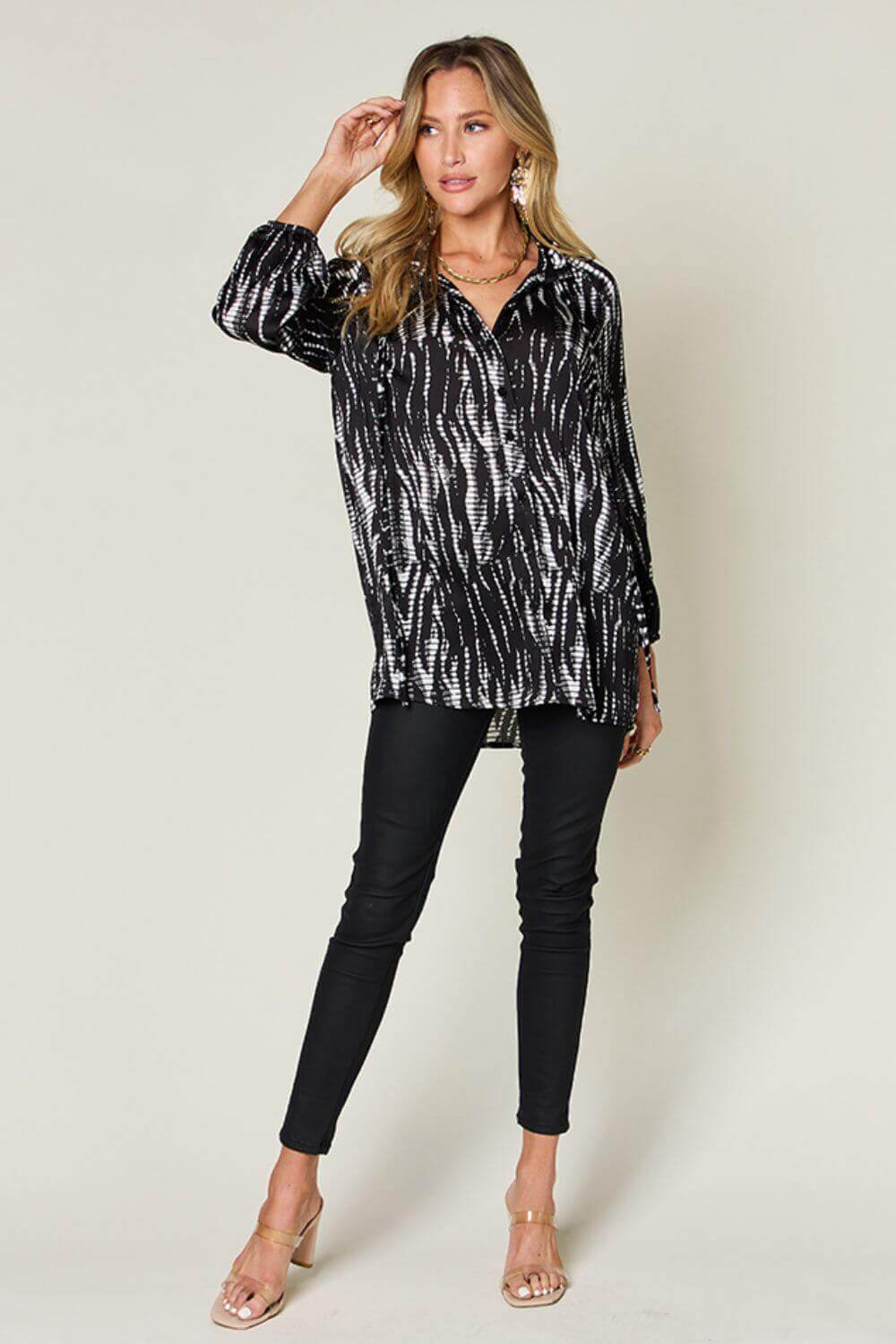 DOUBLE TAKE Full Size Printed Button Up Long Sleeve Shirt at Bella Road