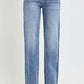 Risen high rise straight leg jeans with pockets, classic style, washed denim, flattering fit, perfect for everyday wear