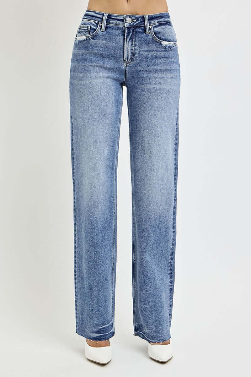 Risen high rise straight leg jeans with pockets, classic style, washed denim, flattering fit, perfect for everyday wear