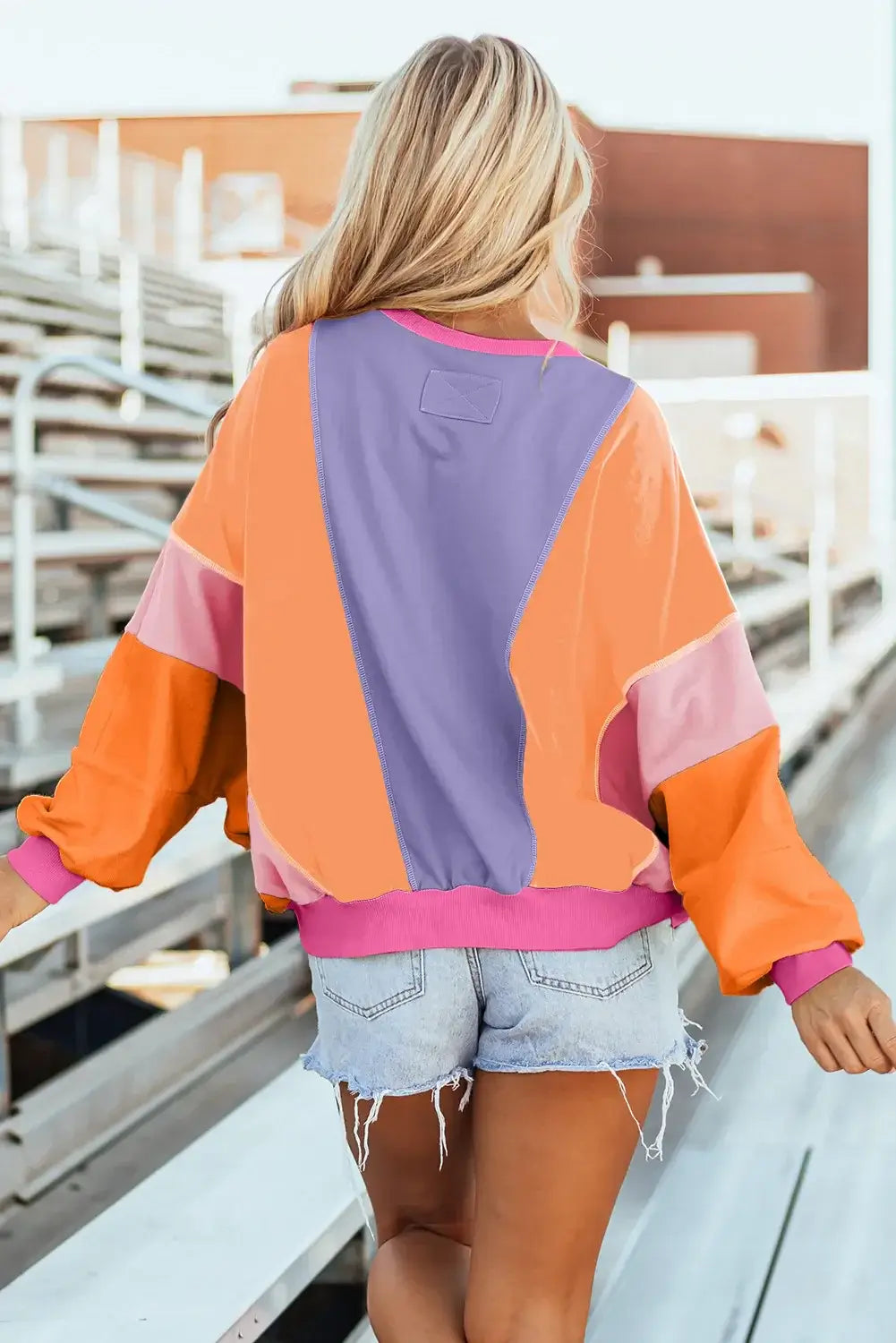 Bella Road Color Block Round Neck Long Sleeve Top on woman at outdoor stadium scene.