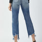 Woman wearing high waist distressed frayed hem cropped straight jeans from Risen Jeans, showcasing back view and stylish detailing.