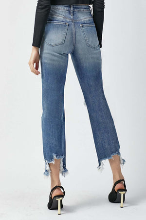 Woman wearing high waist distressed frayed hem cropped straight jeans from Risen Jeans, showcasing back view and stylish detailing.