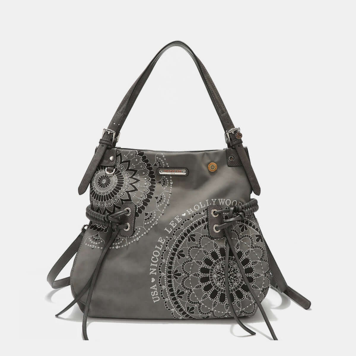 Nicole Lee USA side braided tassel hobo bag with rhinestone embroidery in vegan leather