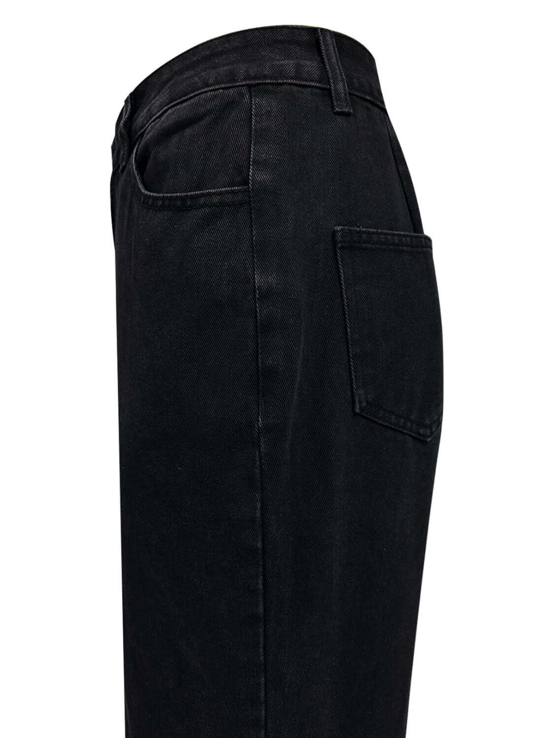 Side view of Bella Road Denim Pocketed High Rise Jeans, showcasing sleek black fabric and stylish back pocket.