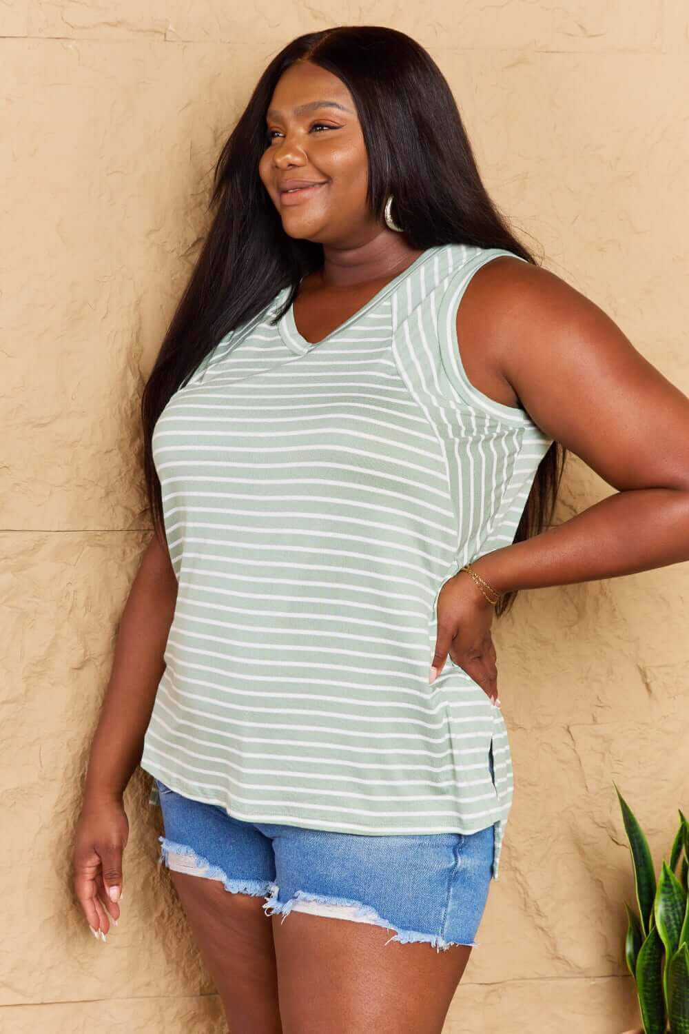 DOUBLJU Full Size Striped Sleeveless V-Neck Top at Bella Road