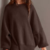 Double Take Side Slit Round Neck Long Sleeve Sweater - Dark Brown