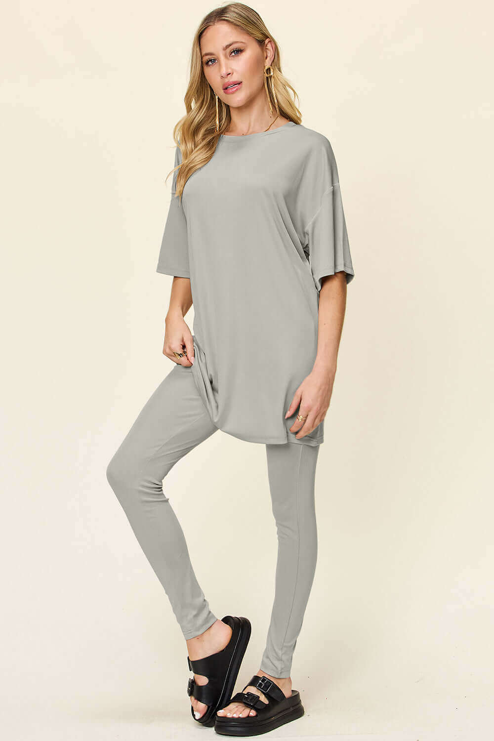 DOUBLE TAKE Full Size Round Neck Dropped Shoulder T-Shirt and Leggings Set at Bella Road