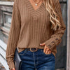 Ribbed V-Neck Long Sleeve T-Shirt - Brown