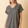 V-Neck Rolled Short Sleeve T-Shirt | Full Size - Charcoal