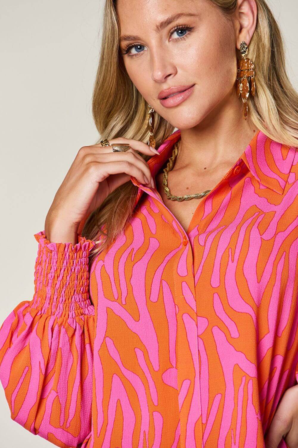 DOUBLE TAKE Full Size Printed Smocked Long Sleeve Blouse at Bella Road