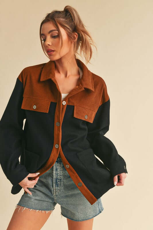 Stylish Aemi + Co Two-Tone Button Up Jacket with Pockets, perfect for a cozy and chic look.