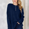 Ribbed Half Button Long Sleeve High-Low T-Shirt - Dark Blue