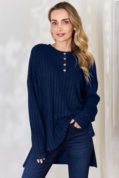 Ribbed Half Button Long Sleeve High-Low T-Shirt