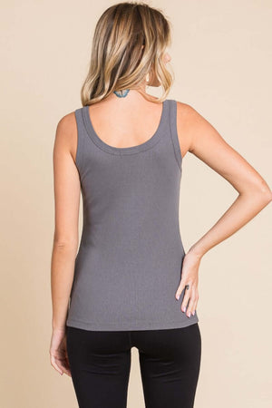 Back view of woman wearing Ribbed Scoop Neck Tank in gray, showcasing the sleek and slimming silhouette of the ribbed fabric