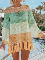 DOUBLE TAKE Openwork Tassel Hem Long Sleeve Knit Cover Up at Bella Road