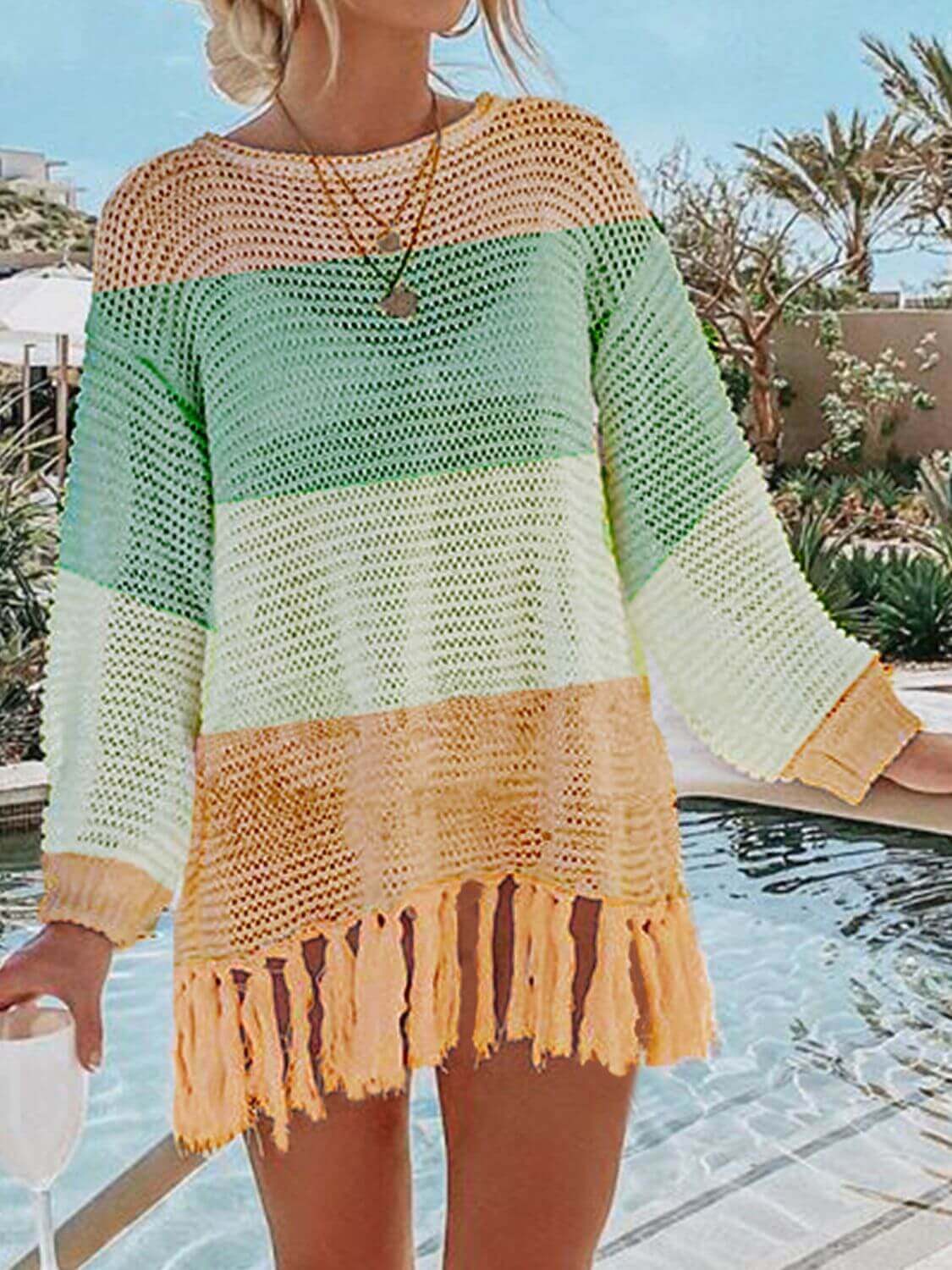 DOUBLE TAKE Openwork Tassel Hem Long Sleeve Knit Cover Up at Bella Road