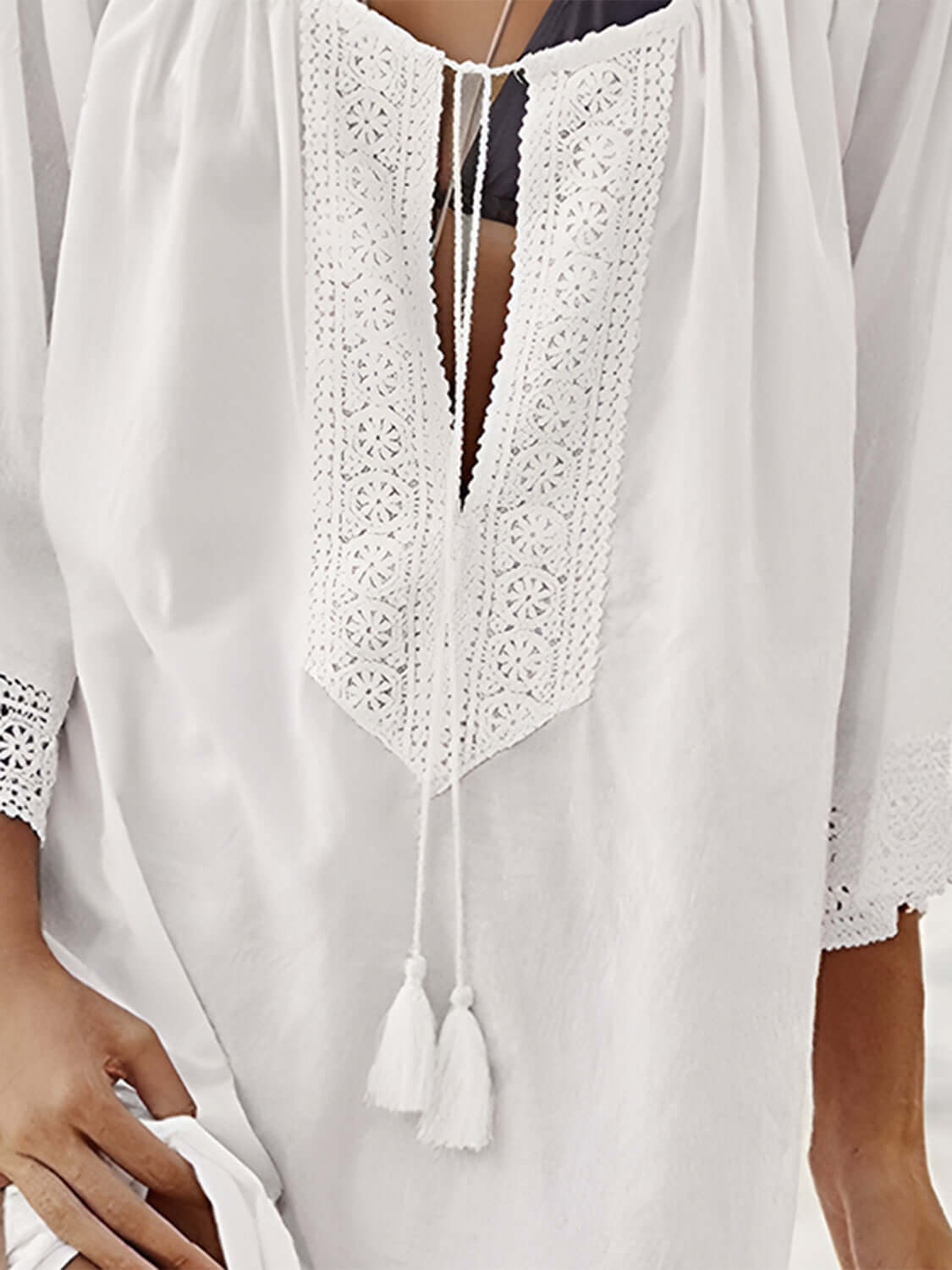 Elegant Bella Road Swim lace detail cover up with tie neck and three-quarter sleeves, perfect for beach and pool days.