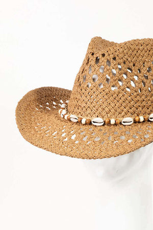 FAME Cowrie Shell Beaded String Straw Hat at Bella Road