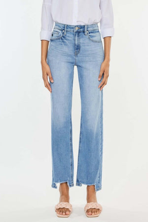 High Waist Raw Hem Straight Jeans for a comfortable fit and flattering silhouette