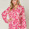 Printed Ruffle Trim Balloon Sleeve Shirt | Full Size - Hot Pink