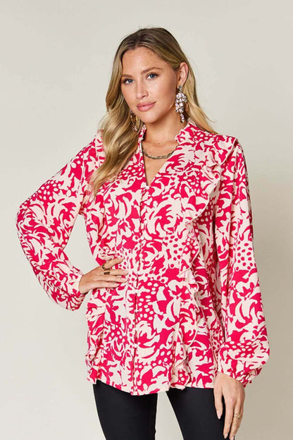 DOUBLE TAKE Full Size Printed Ruffle Trim Balloon Sleeve Shirt at Bella Road