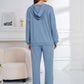 Cozy Bella Road light blue hoodie and pants set, perfect for lounging. Relaxed fit with a stylish dropped shoulder design.