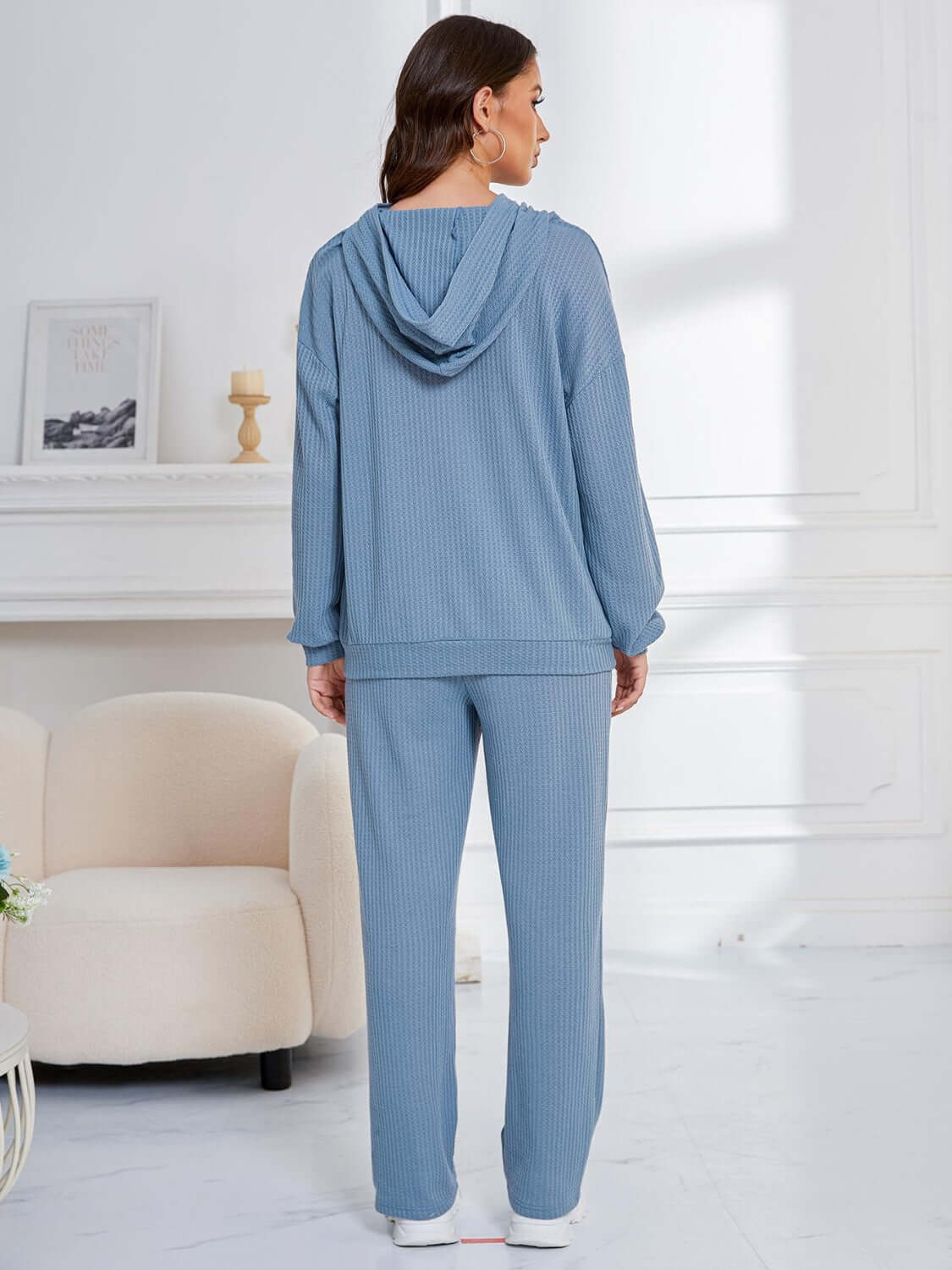 Cozy Bella Road light blue hoodie and pants set, perfect for lounging. Relaxed fit with a stylish dropped shoulder design.