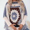 Bella Road Fringe Geometric Long Sleeve Poncho - Cream