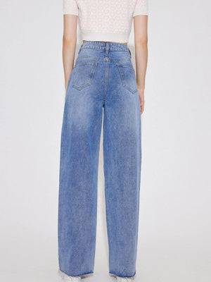 Back view of Bella Road High Waist Straight Leg Jeans with Pockets in blue denim